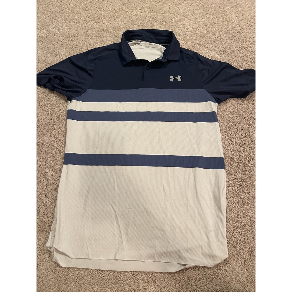 Under Armour HeatGear Men's Polo Shirt Blue White Striped Golf Loose